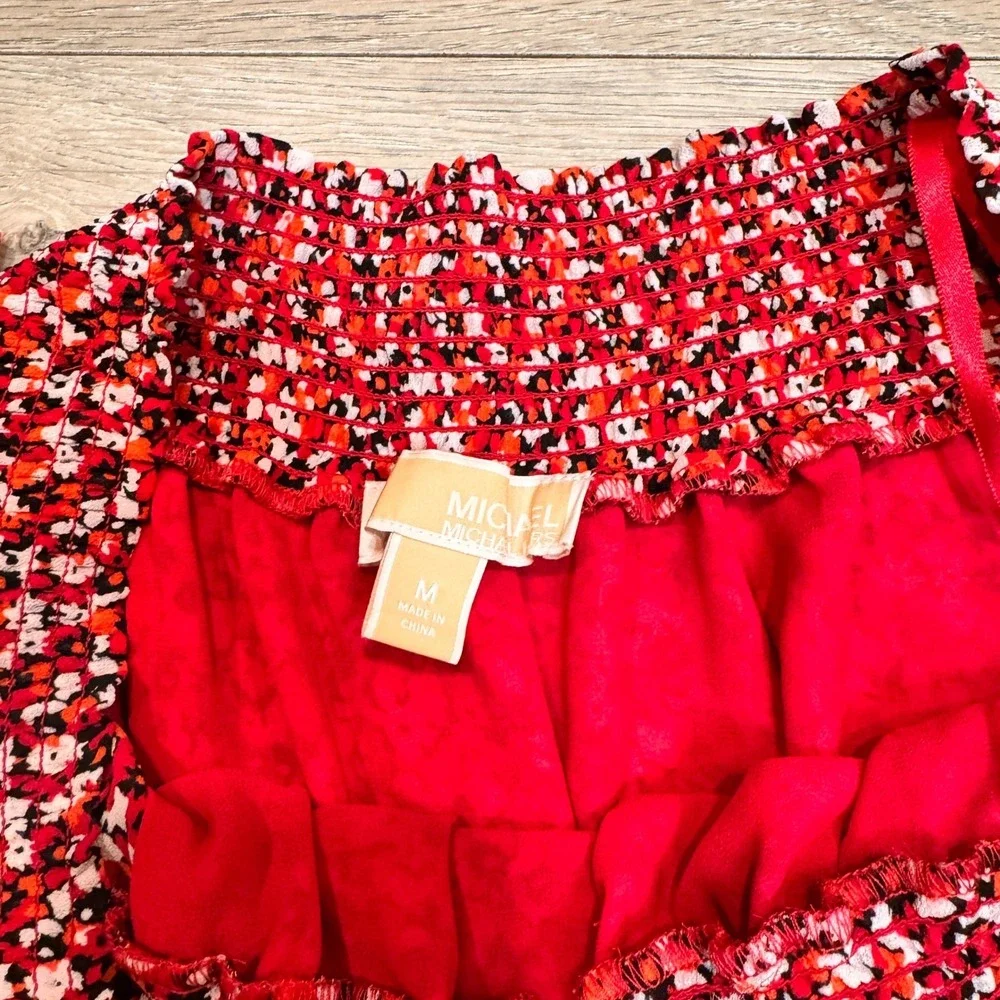 MICHAEL KORS Sangria Floral Smocked Ruffle Off the Shoulder‎ Dress Red Medium M